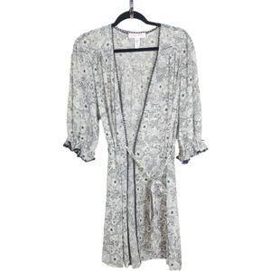 Oscar De La Renta Pink Label Robe Womens M White Black Floral Tie 3/4 Sleeve